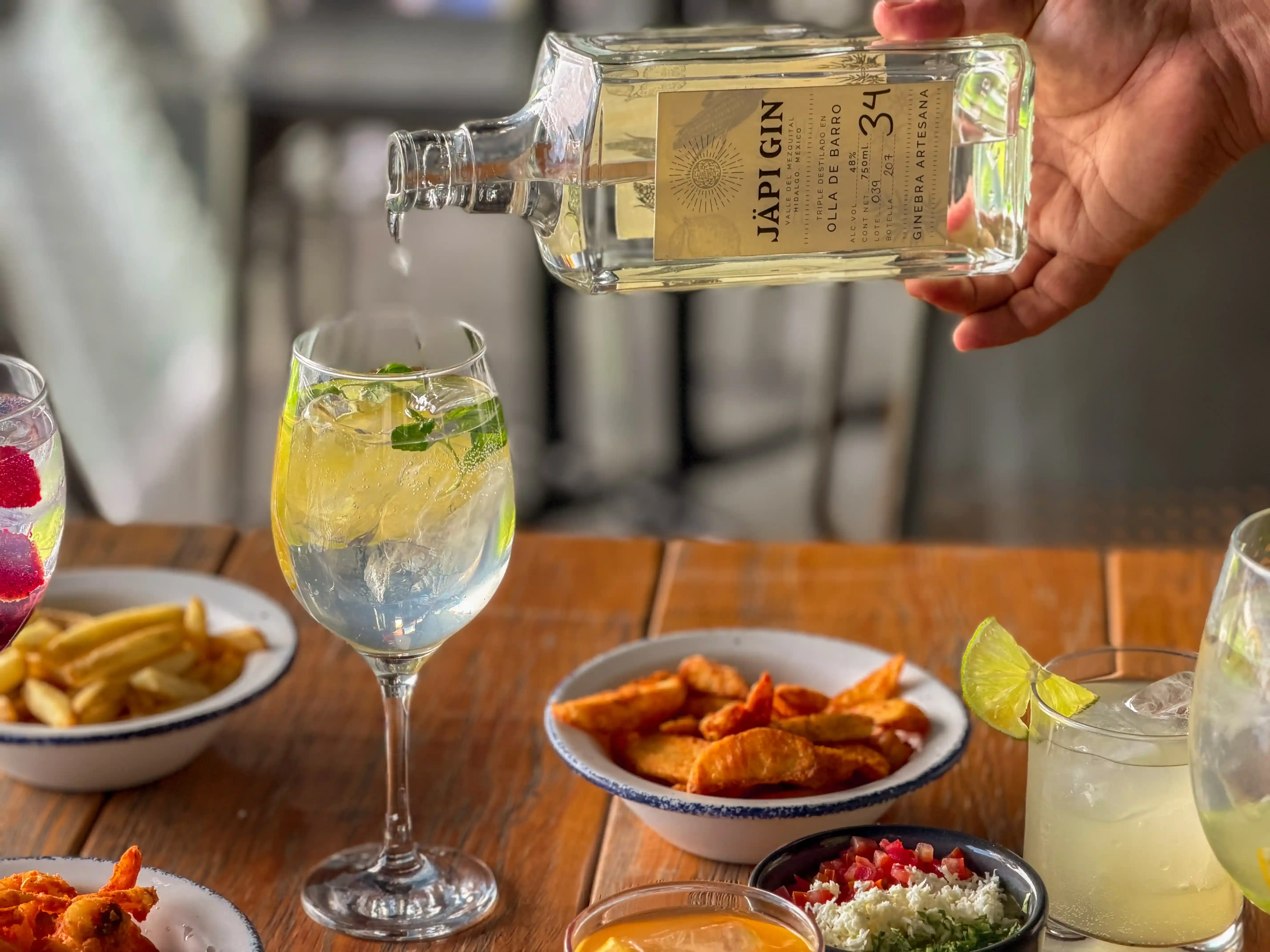 Botella de gin artesanal sirviendo cóctel con hierbas